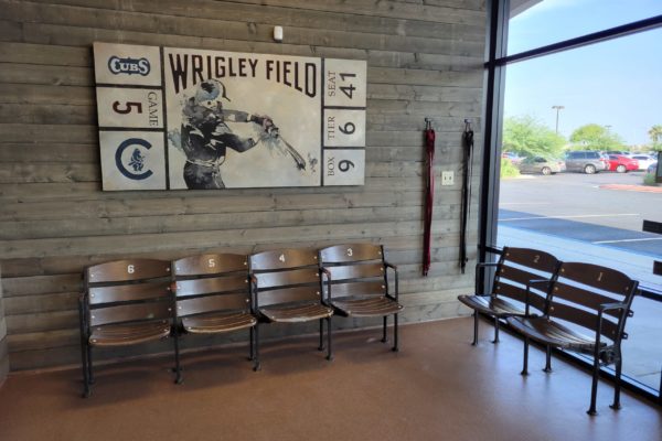 A view of our lobby, featuring recycled stadium seats.