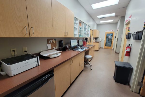 The main hall, just beyond the exam rooms. Here we have a few workstations as well as our in-house pharmacy.